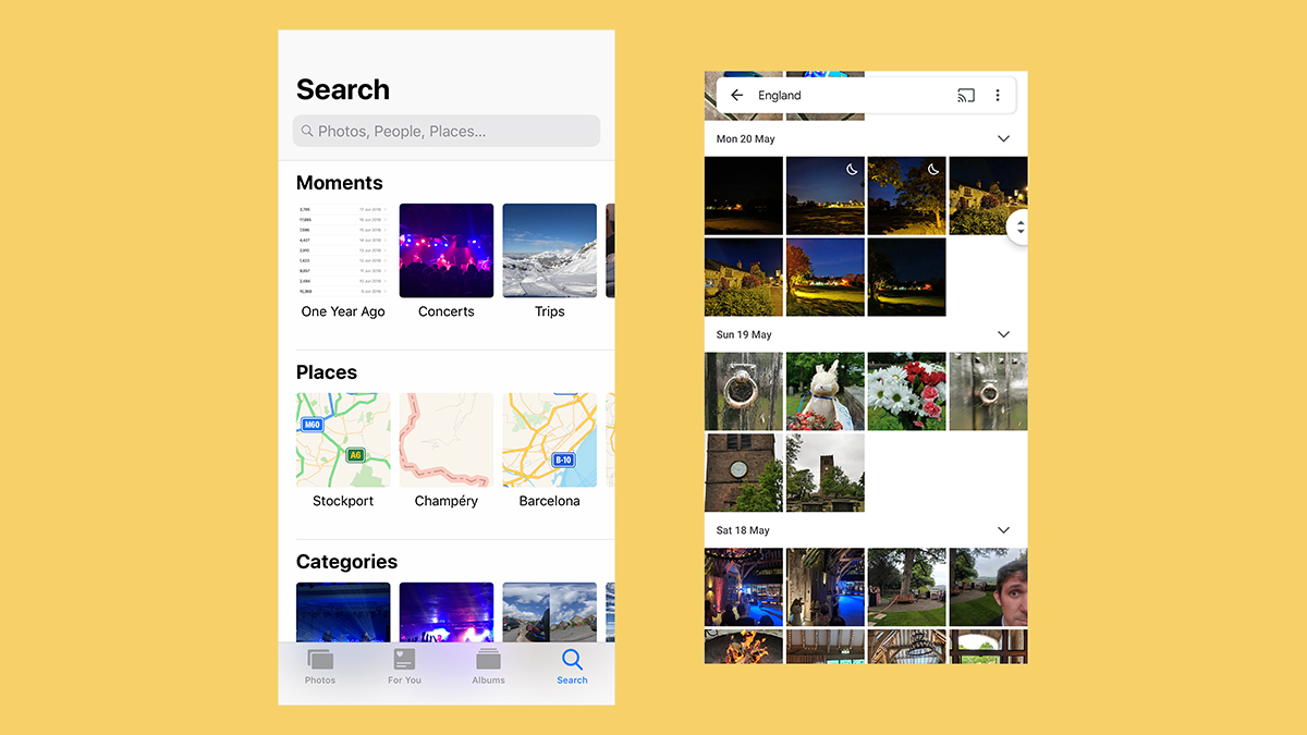 Apple Photos (left) and Google Photos (right).